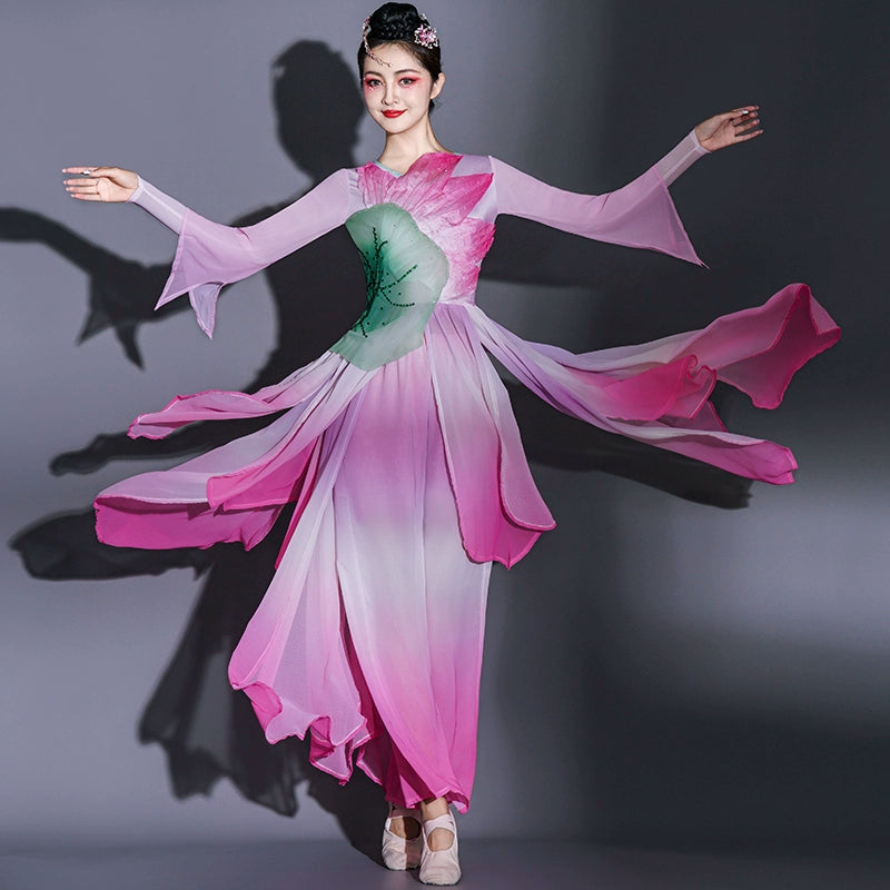 Pink Chinese folk Classical dance costume for women girls festival fairy lotus  umbrella fan dance dresses yangko perform wear - Moderndancedress.com