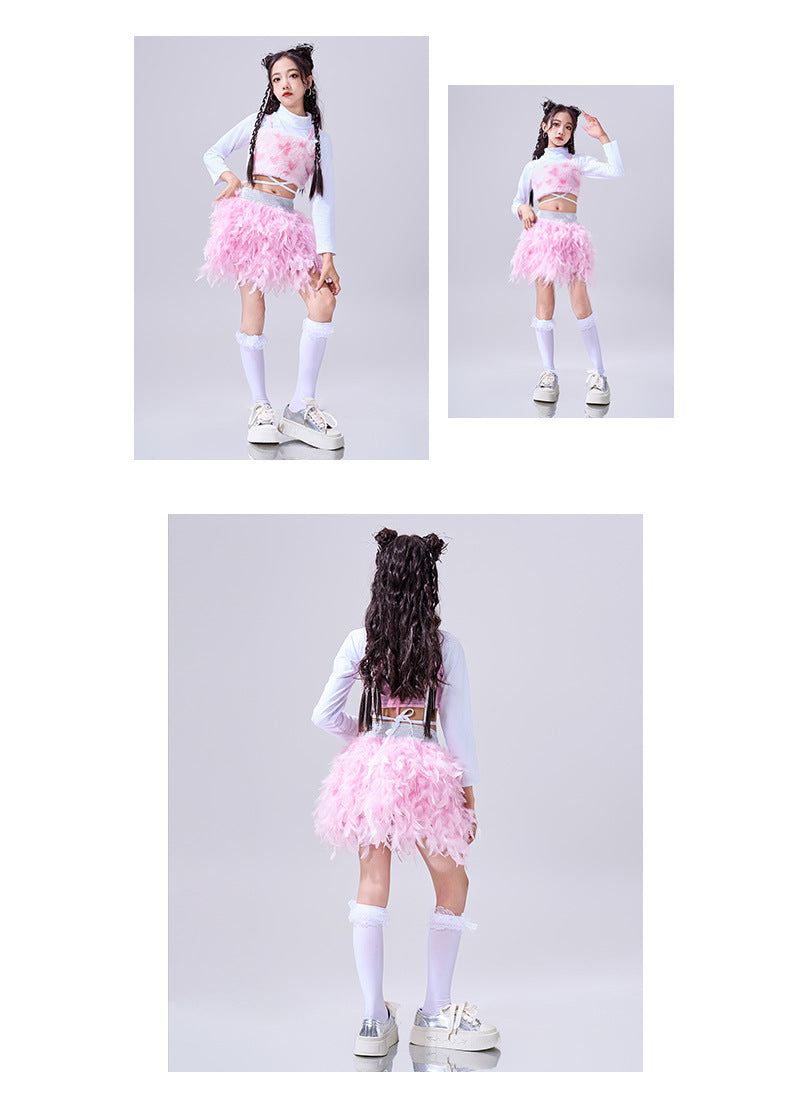 Girls Hiphop Dance Costumes Pink Feather Kids Jazz Gogo Rapper Singers Street Dance Suit Walk Show Outfits