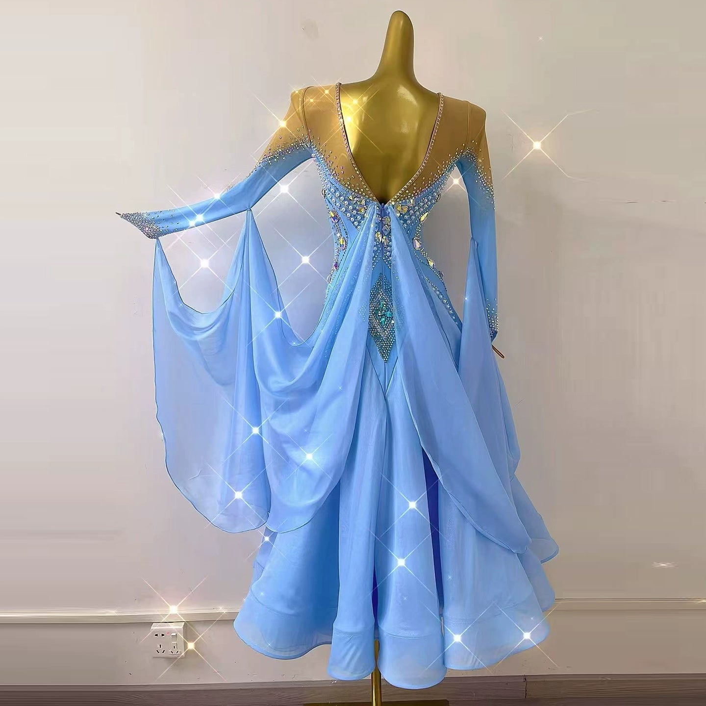 Customized Blue Ballroom Dance Dresses for Women Diamond Waltz Tango Foxtrot Rhythm Dance Long Gown