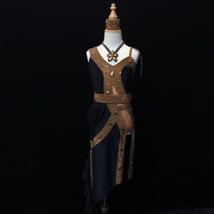 Custom Size Olive Navy Gold Crystal Competition Latin Dance Dress Ballroom Performance Costume