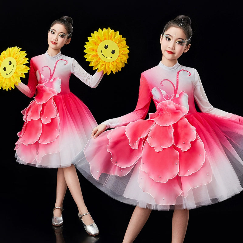 Children's pink green Petals modern dance dresses chorus performance girls tutu skirts school church choir competition outfits - Moderndancedress.com