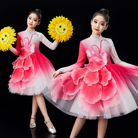 Children's pink green Petals modern dance dresses chorus performance girls tutu skirts school church choir competition outfits - Moderndancedress.com
