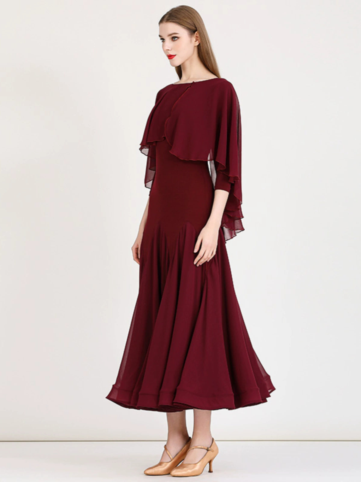 Burgundy Modern Flowy Ruffles Sleeves Ballroom Dance Dress for Women Girls National Foxtrot Smooth Tango Waltz Dance Long Gown - Moderndancedress.com