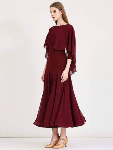 Burgundy Modern Flowy Ruffles Sleeves Ballroom Dance Dress for Women Girls National Foxtrot Smooth Tango Waltz Dance Long Gown - Moderndancedress.com