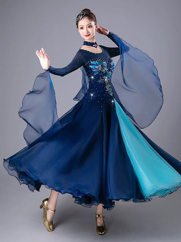 Navy Red Competition Ballroom Dance Dresses for Women Girls Diamond Waltz Tango Foxtrot Rhythm Performance Costumes - Moderndancedress.com
