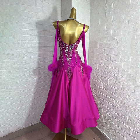 Custom Size Fuchsia Competition Ballroom Dance Dresses for Women Girls Rabbit Fur Floating Waltz Tango Dance Long Gown