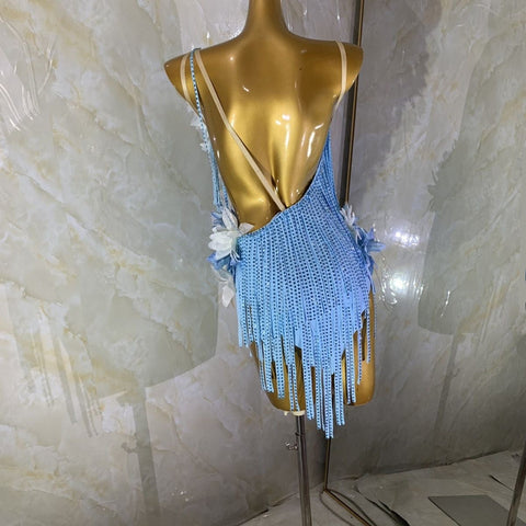 Custom Size Turquoise Blue Fringe Competition Latin Dance Dresses for Women Girls Salsa Rumba Chacha Dance Skirts