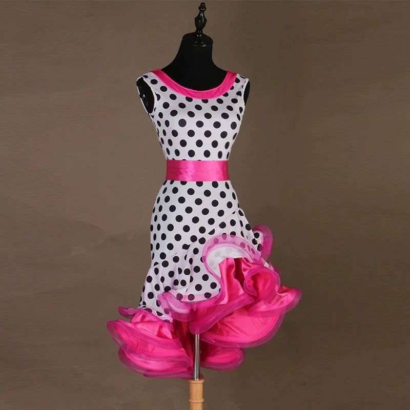 Red hot pink polka dot Latin dress for women girls  sexy three-step professional latin rumba chacha performance dress customizable for children - Moderndancedress.com