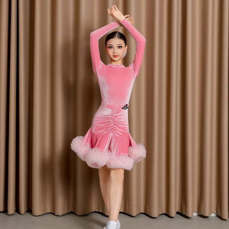 Girls Latin Dance Dresses Pink Wine Blue Velvet Ballroom Salsa Rumba Chacha Latin Performance Costumes for Kids