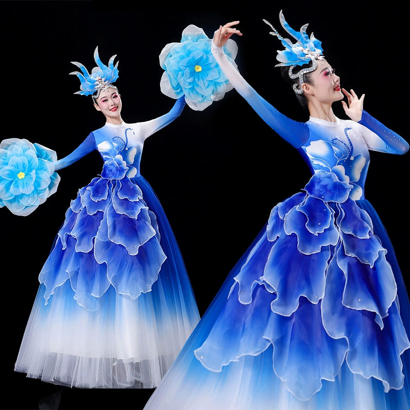 Women girls Opening Dance flamenco dance petals dresses pink blue green yellow church choir performance gown modern dance solo Choral wear - Moderndancedress.com