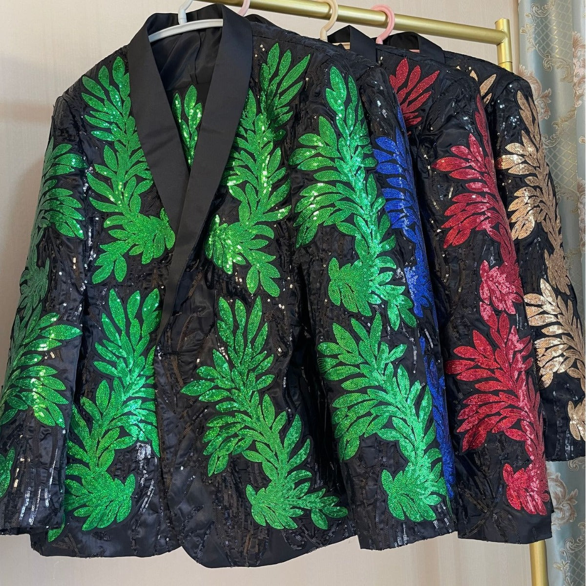 Men's Jazz Dance Costumes Green Blue Gold Sequined  Nightclub Gogo Dancer Performance Blazer Gig Perform Coats - Moderndancedress.com