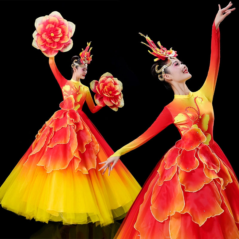 Women girls Opening Dance flamenco dance petals dresses pink blue green yellow church choir performance gown modern dance solo Choral wear - Moderndancedress.com