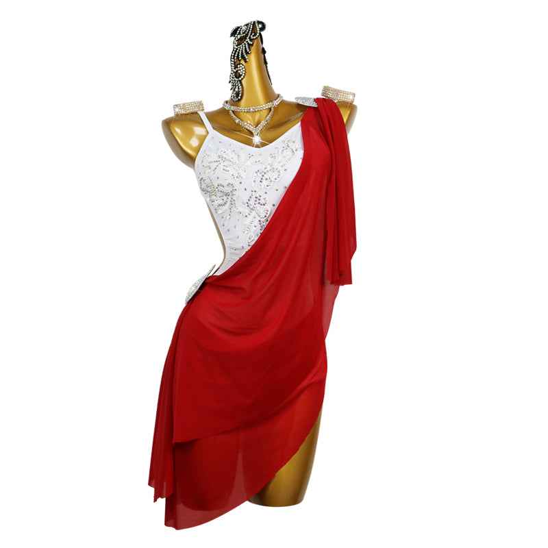 Slant Neck Red Latin Dance Dresses for Women Girls Flowy Salsa Rumba Chacha Dancing Costumes - Moderndancedress.com