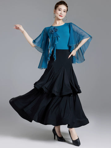 Red Purple Blue Ballroom Dance Dresses for Women Girls Waltz National Standard Social Dance Long Gown Flare Sleeves - Moderndancedress.com
