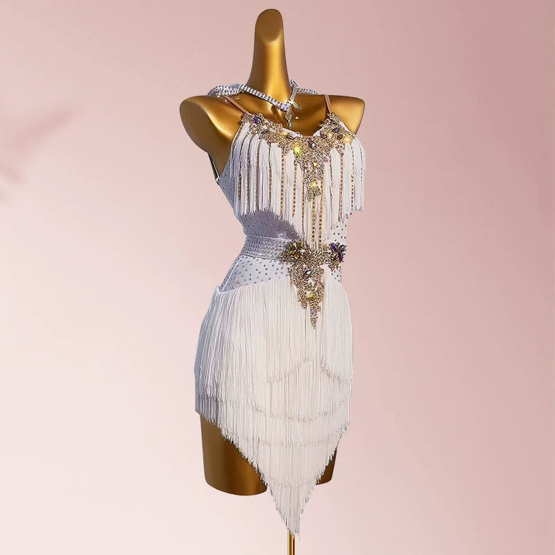 Customized size Yellow blue pink tassels Latin dance competition dressses  for adult kids professional solo flower dance bling clothes - Moderndancedress.com