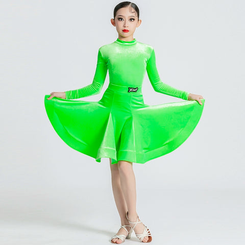 Girls kids Latin dance dresses green pink white black velvet high neck Latin ballroom dance costumes salsa chacha dance outfits - Moderndancedress.com