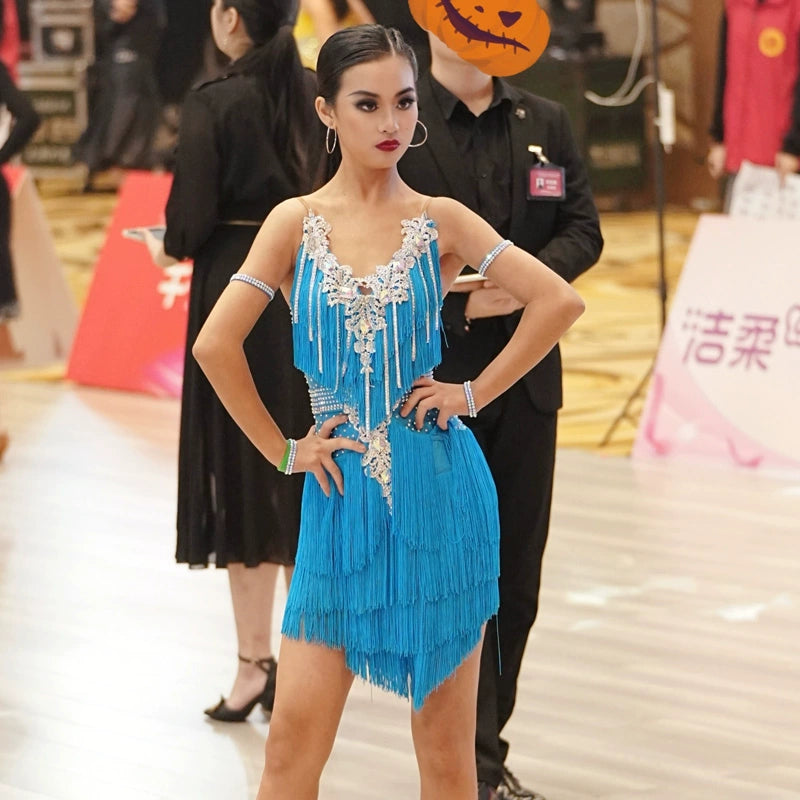 Custom Size Blue Pink Red Rhinestones Competition Latin Dance Dresses for Women Girls Salsa Rumba Chacha Tassel Dancing Skirts - Moderndancedress.com