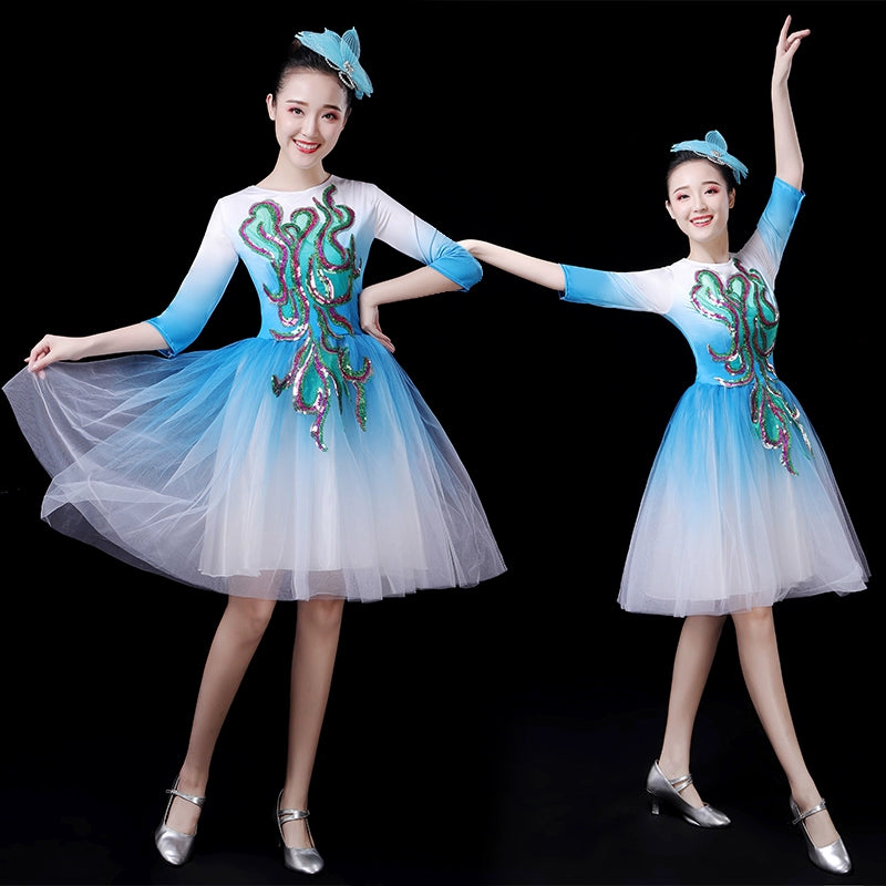 Chinese Folk Dance Costume Modern Dance Costume short green skirt with dance skirt short adult square dance pompon skirt chorus dress - Moderndancedress.com