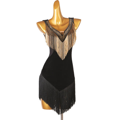 Gold Tube Fringed Black Red Velvet Latin Dance Dresses for Women Girls Rumba Cha Dance Outfits