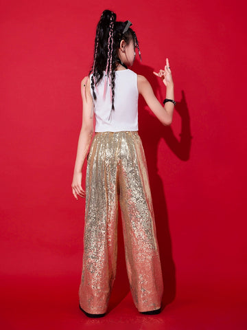 Girls Gold Sequin Jazz Dancing Costumes Gogo Dancers Hip Hop Rapper Singers Street Clothes Children's Model Show Wear - Moderndancedress.com