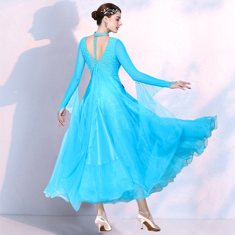 Turquoise Yellow Competition Ballroom Dance Dresses for Women Girls Waltz Tango Rhythm National Dance Gown - Moderndancedress.com