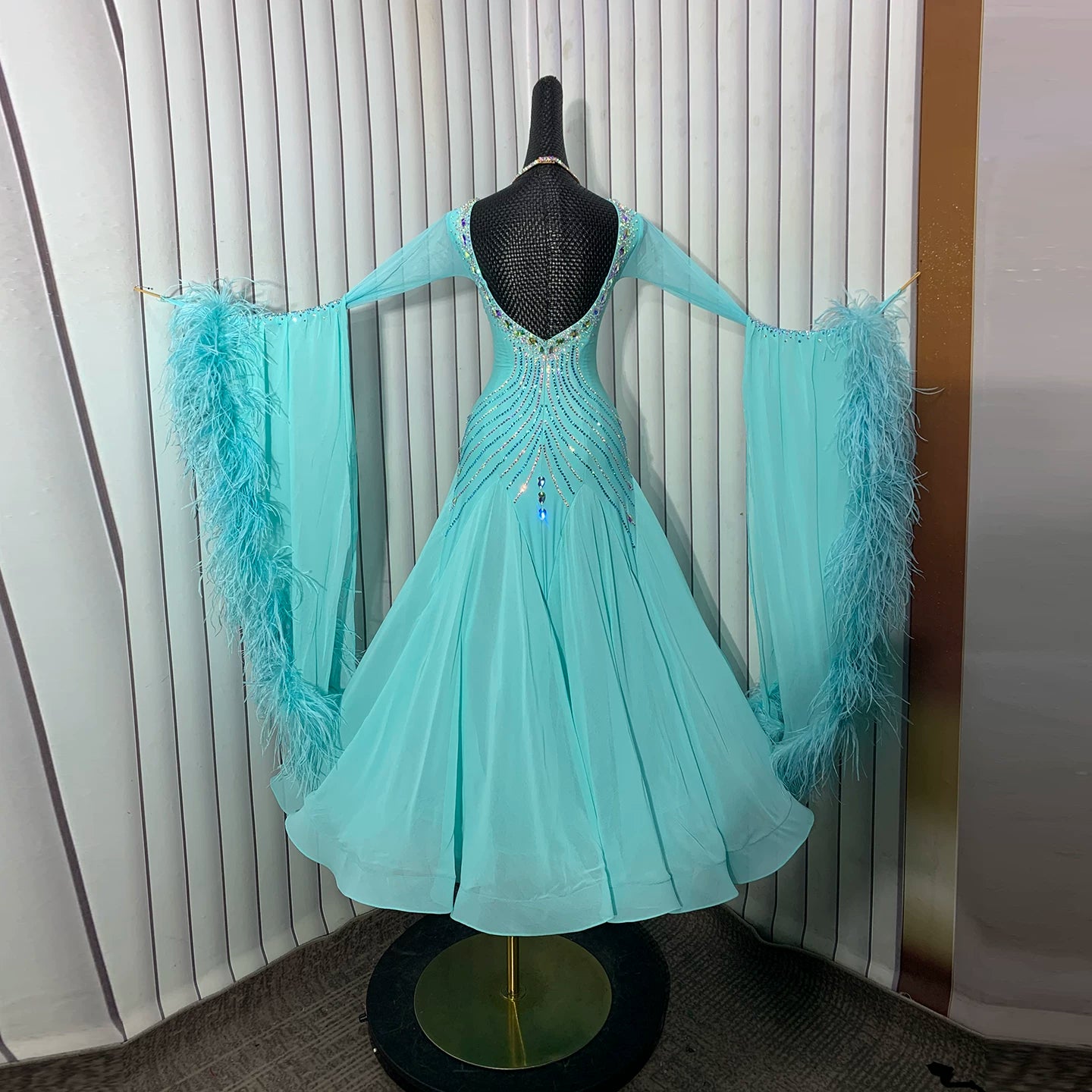 Custom Turquoise Ostrich Feather Ballroom Competition Dress | Rhinestone Waltz Dance Gown