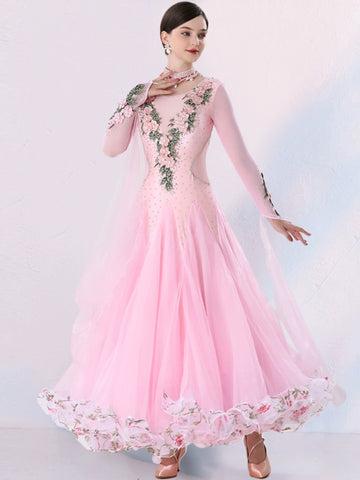 Women's Competition ballroom dance dresses for girls white pink blue waltz tango foxtrot rhythm moving dance long gown with float sleeves - Moderndancedress.com