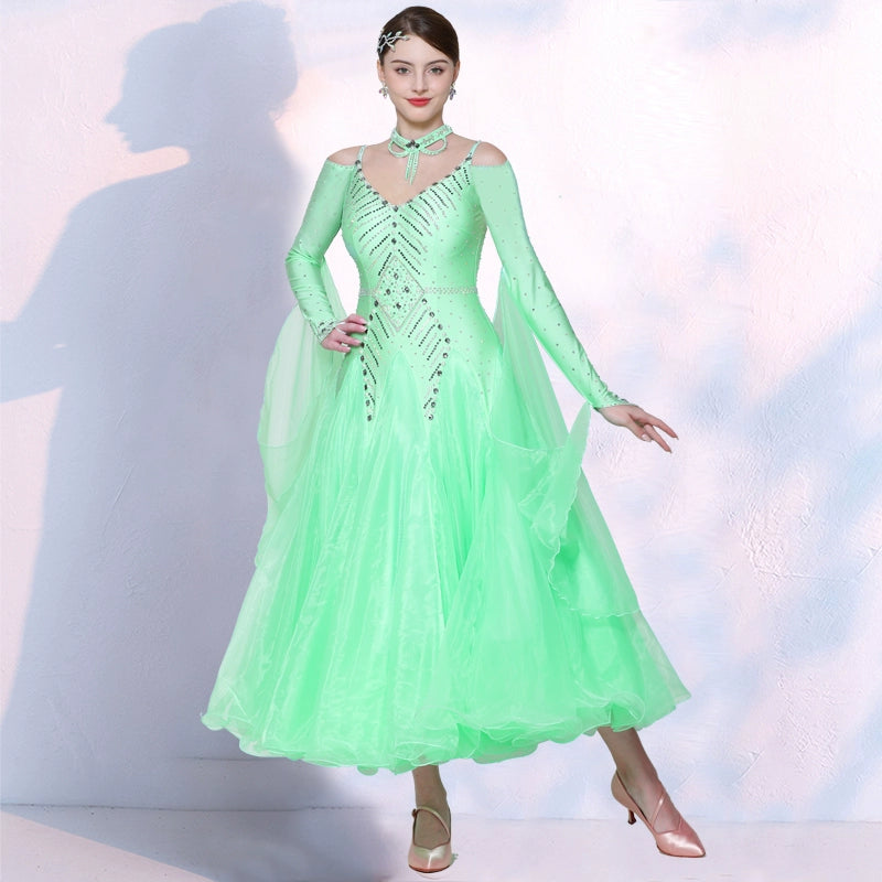 Competition National Ballroom Dance Dresses for Women Girls Mint Lavender White Tango Waltz Foxtrot Performance Long Gown