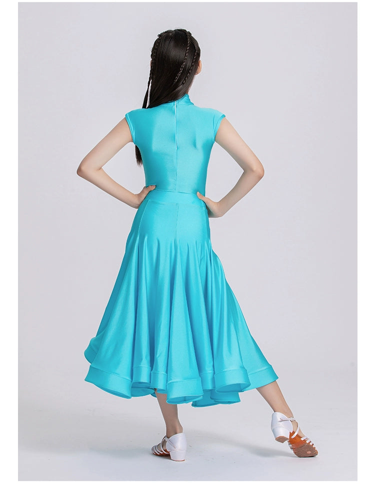 Blue Red Ballroom Dance Dresses for Girls Kids Long-sleeved  Latin Tango Waltz Juvenile Performance Long Gown Art Test Performance Skirts - Moderndancedress.com