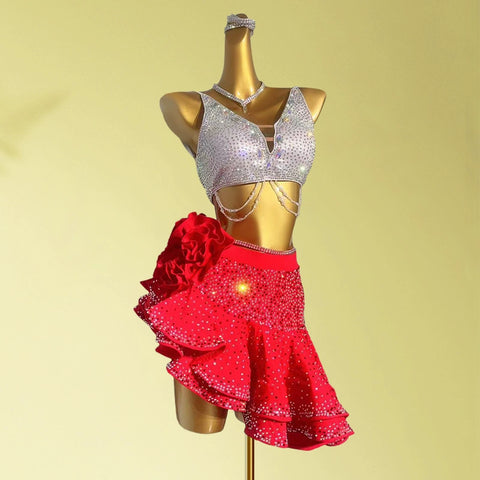 Custom size Red rhinestones Latin dance dresses for girls kids women competition salsa samba performance outfits art test dancing clothes - Moderndancedress.com