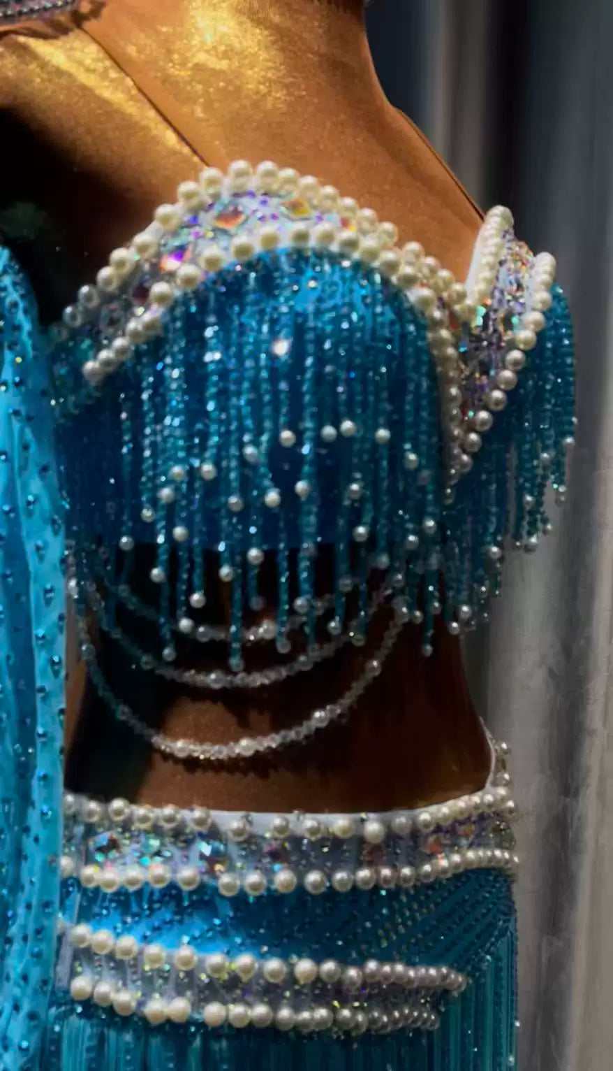 Custom Turquoise Latin Dance Dress with Crystals Competition Ballroom Salsa Blackpool Dance Wear