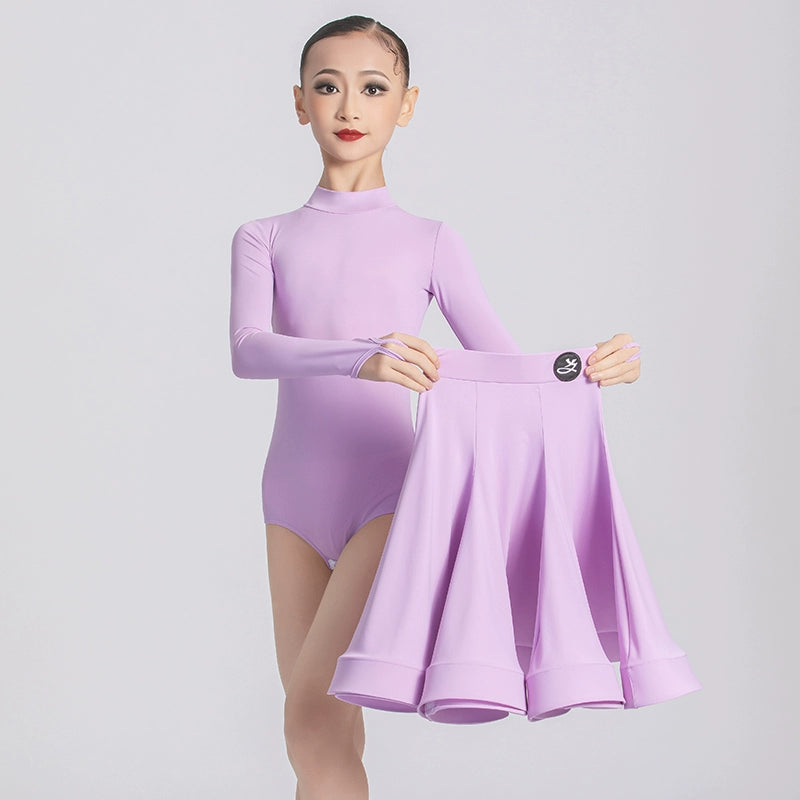 Professional Ballroom Latin Dance Dresses for Girls Kids Wine Lavender Purple Navy Long Sleeves Salsa Rumba Chacha Performance Costumes - Moderndancedress.com