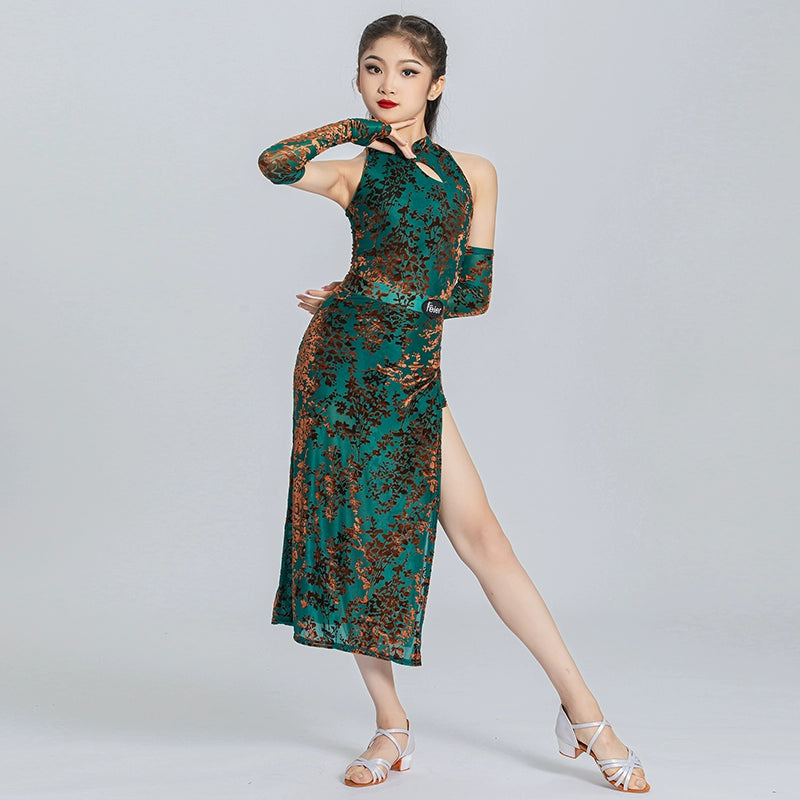 Girls kids velvet green wine Latin Dance Costume for children salsa chacha ballroom dress Cheongsam Training Dance Class Dance outfits - Moderndancedress.com