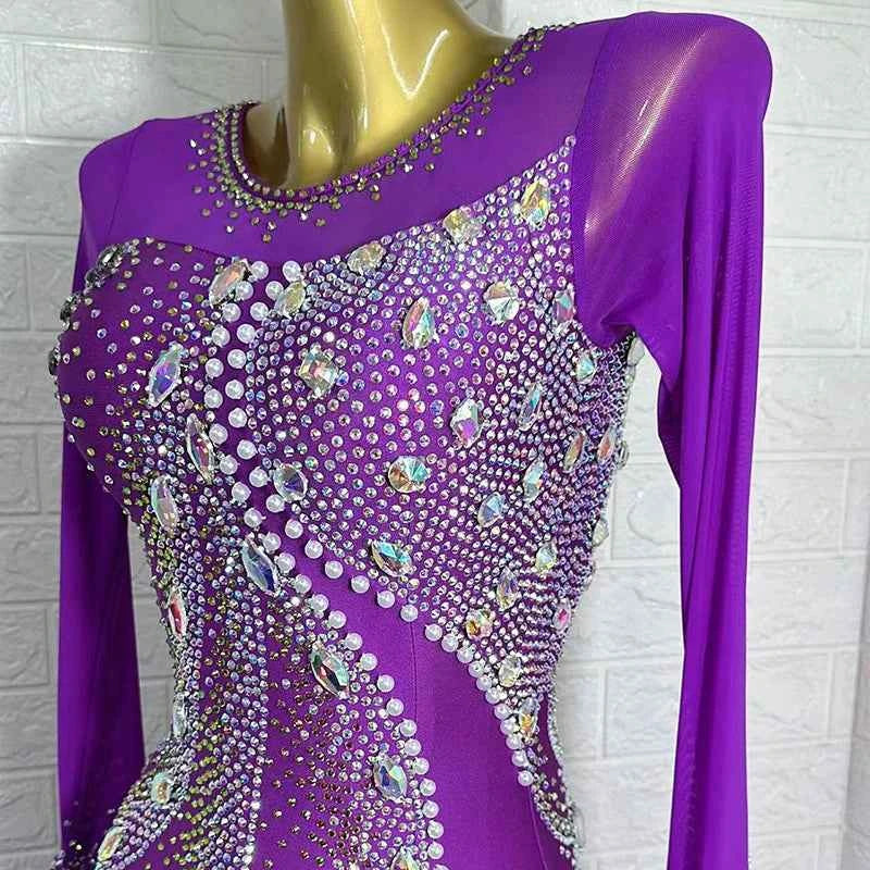 Customized Size Violet Purple Competition Ballroom Dance Dresses for Women Girla Tango Waltz Performance Costume
