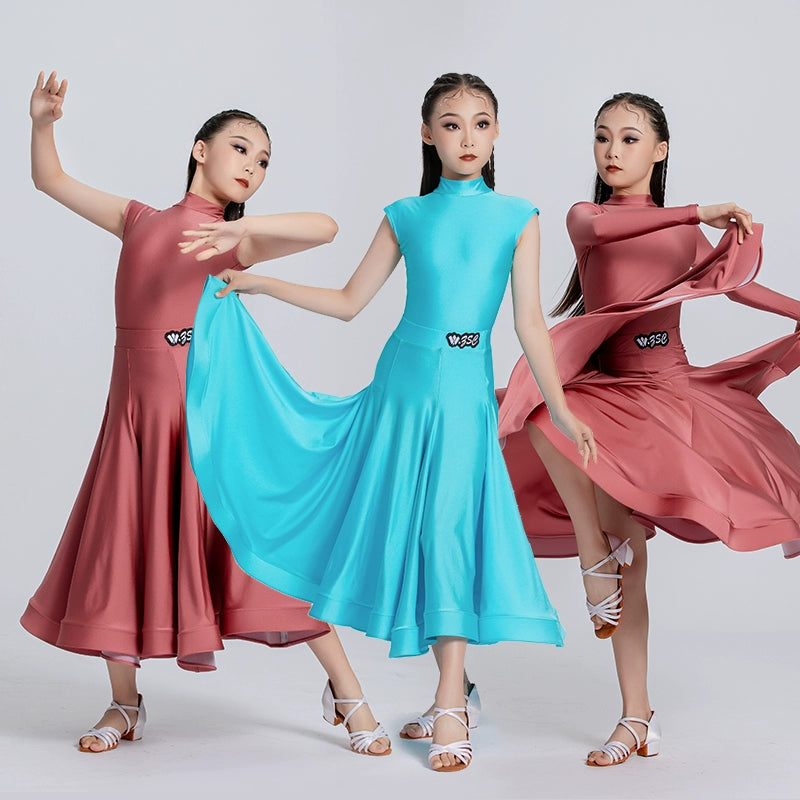 Blue Red Ballroom Dance Dresses for Girls Kids Long-sleeved  Latin Tango Waltz Juvenile Performance Long Gown Art Test Performance Skirts - Moderndancedress.com