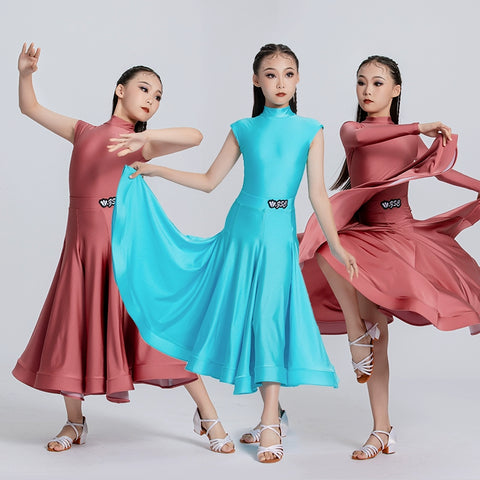 Blue Red Ballroom Dance Dresses for Girls Kids Long-sleeved  Latin Tango Waltz Juvenile Performance Long Gown Art Test Performance Skirts - Moderndancedress.com