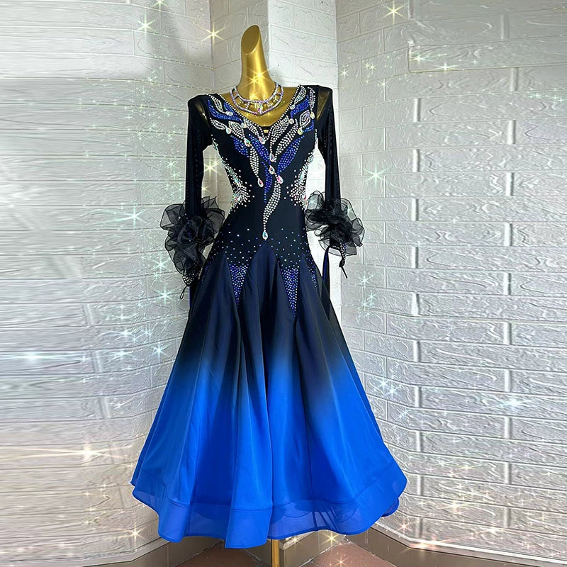 Customized Size Royal Blue Gradient Competition Ballroom Dance Dresses for Women Girls Waltz Tango Rhythm Dance Gown - Moderndancedress.com