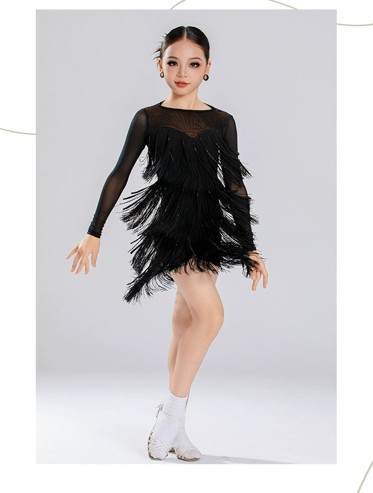 Girls Latin Dance Dresses Blue Red Black Fringe Salsa Rumba Chacha Ballroom Performance Costumes for Kids