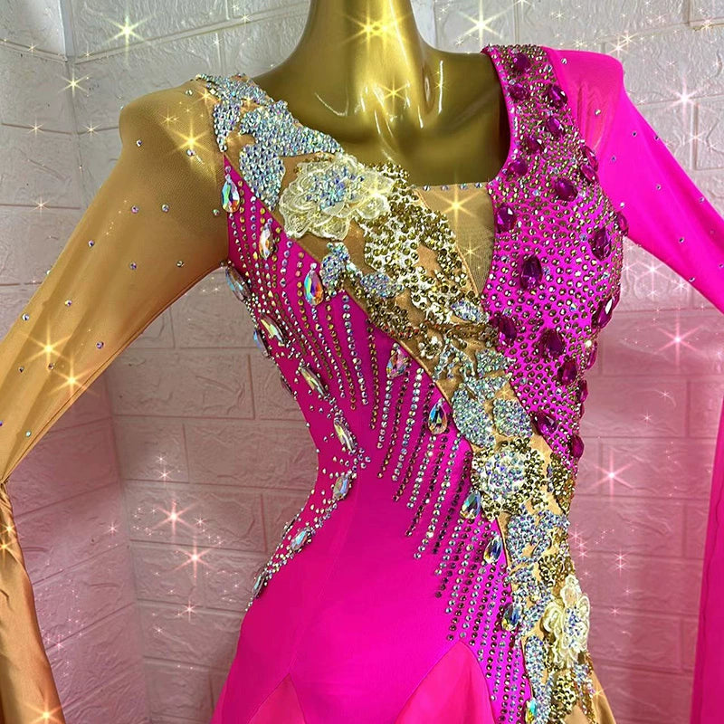 Custom Size Ballroom Dance Dresses for Women Gold Pink Waltz Tango Rhythm Dance Long Gown Long Swing Skirts
