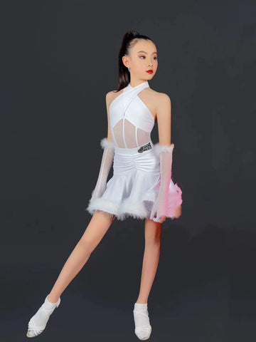 pink white blue feather competition Latin professional dance dresses for kids girls ballroom salsa rumba chacha performance clothes - Moderndancedress.com