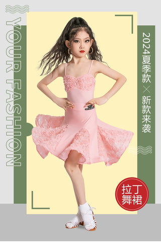Children's pink rose flowers latin dance dresses girls salsa rumba chacha dance outfits flower dance wear for kids - Moderndancedress.com