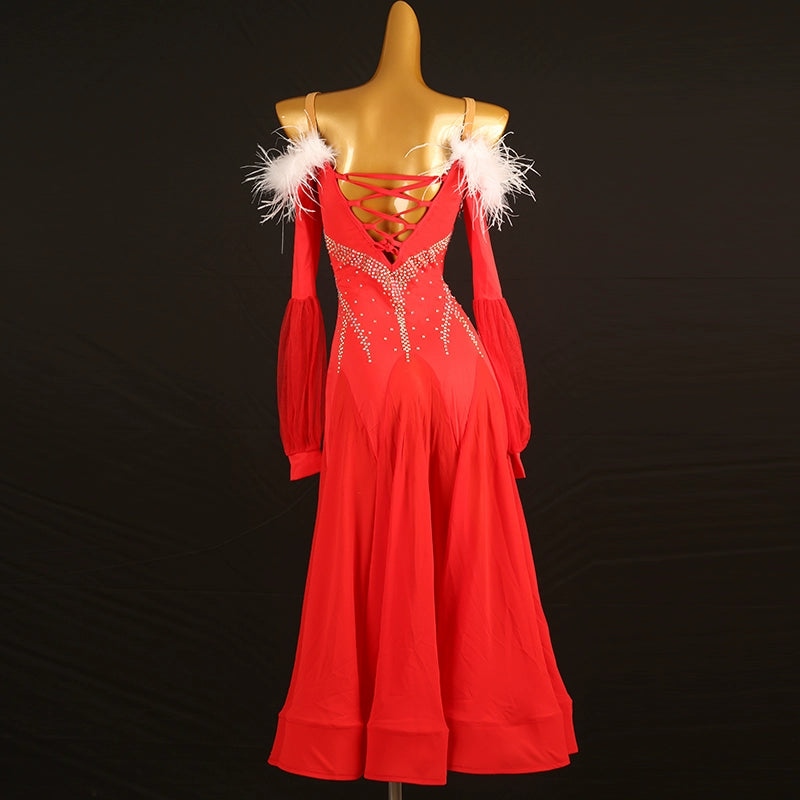 Red with White Feather Competition Ballroom Dance Dress for Women Girls Kids Waltz Tango Flamenco Rhythm Party Performance Ball Gown - Moderndancedress.com