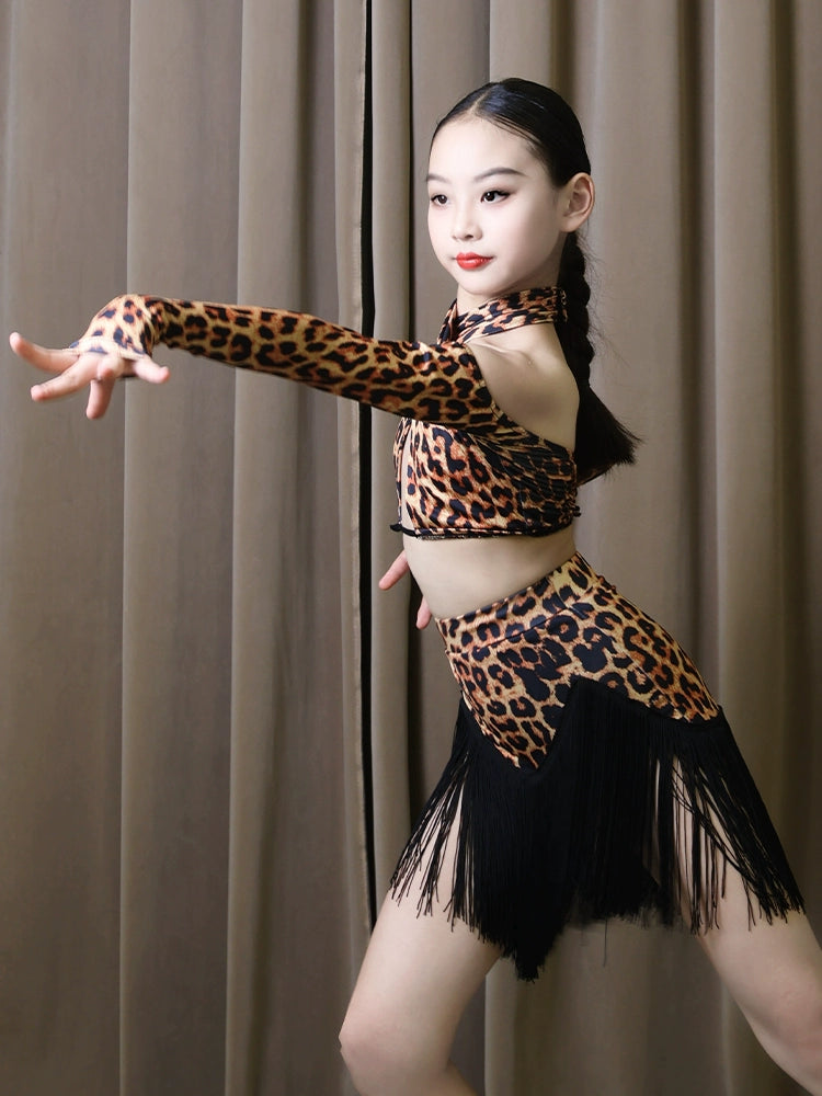 Leopard Print Tassel Latin Dance Dress for Girls Halter Neck Dew Shoulder Children's Fringe Salsa Chacha Performance Outfits for Kids - Moderndancedress.com