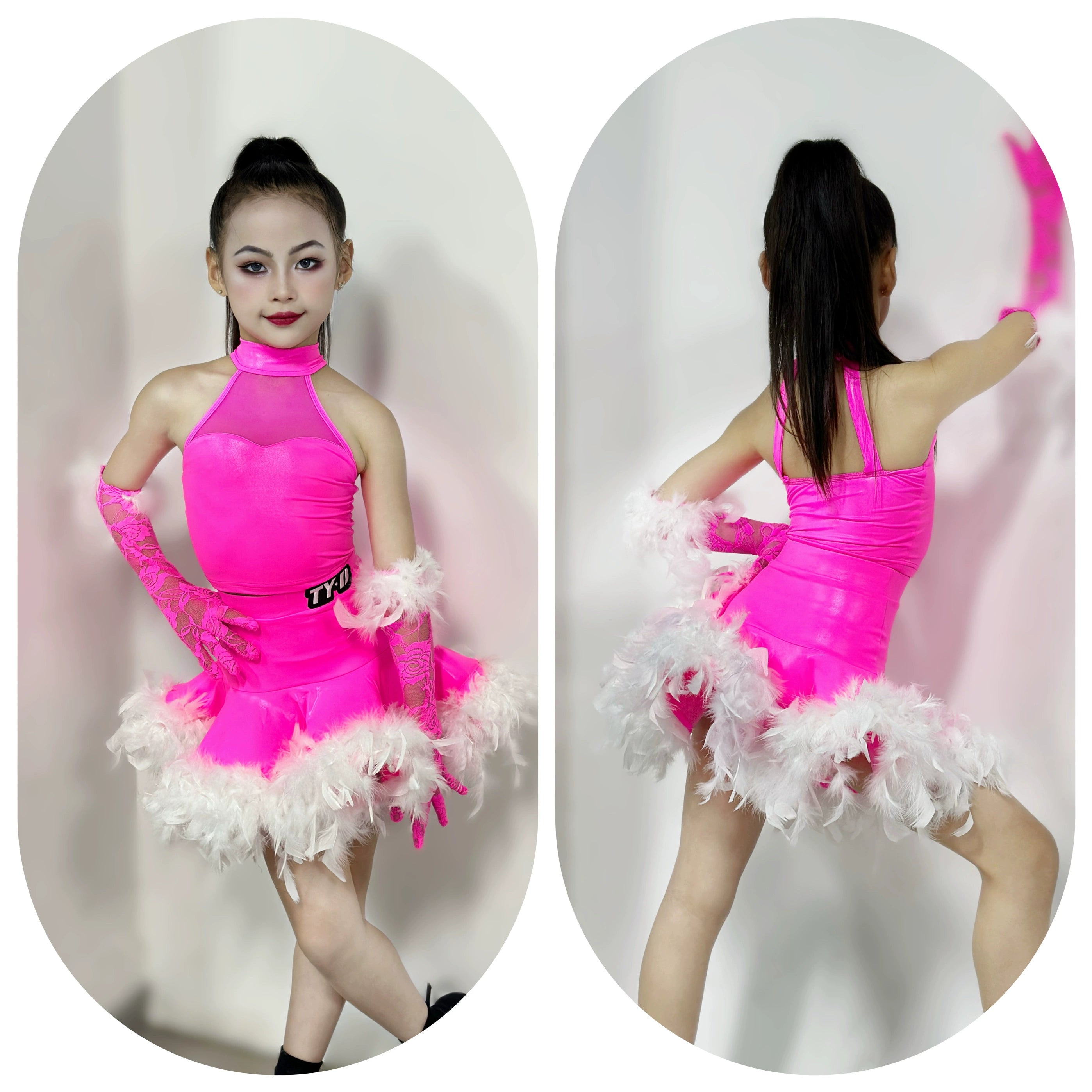 Girls Pink with White Feather Latin Dance Dresses Competiton Stage Performance Salsa Rumba Chacha Party Dancing Costumes for Kids - Moderndancedress.com