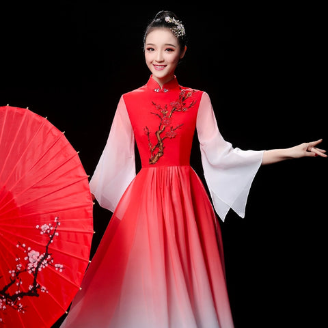 Chinese Folk Dance Costume Classical Dance Costume Chinese Wind Fairy Umbrella Dance Modern Dance Costume with Long Skirt Adults - Moderndancedress.com