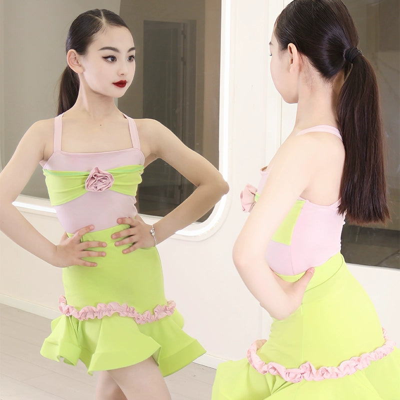 Girls Latin Dance Dresses Pink Green Flowers Latin Salsa Rumba Ballroom Ball Solo Performance Costumes for Kids