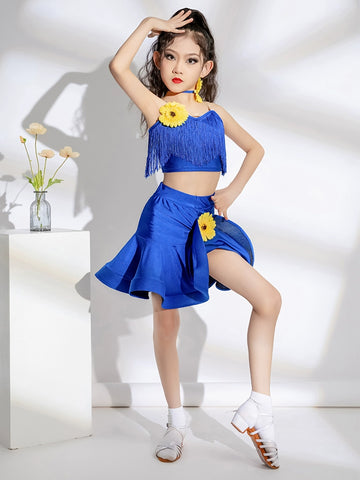 Girls red blue fringe Latin dance competition solo dance costumes modern dance competition clothes for kids - Moderndancedress.com