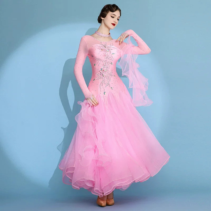 Navy Ballroom Competition Dress with Rhinestones & Floats Waltz Rhythm Dance Gown