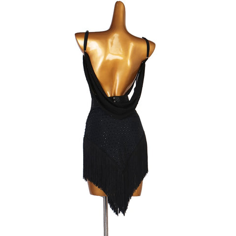Black rhinestones tassels competition latin dance dress for women girls rumba chacha salsa dance dress modern ballroom dance dress - Moderndancedress.com