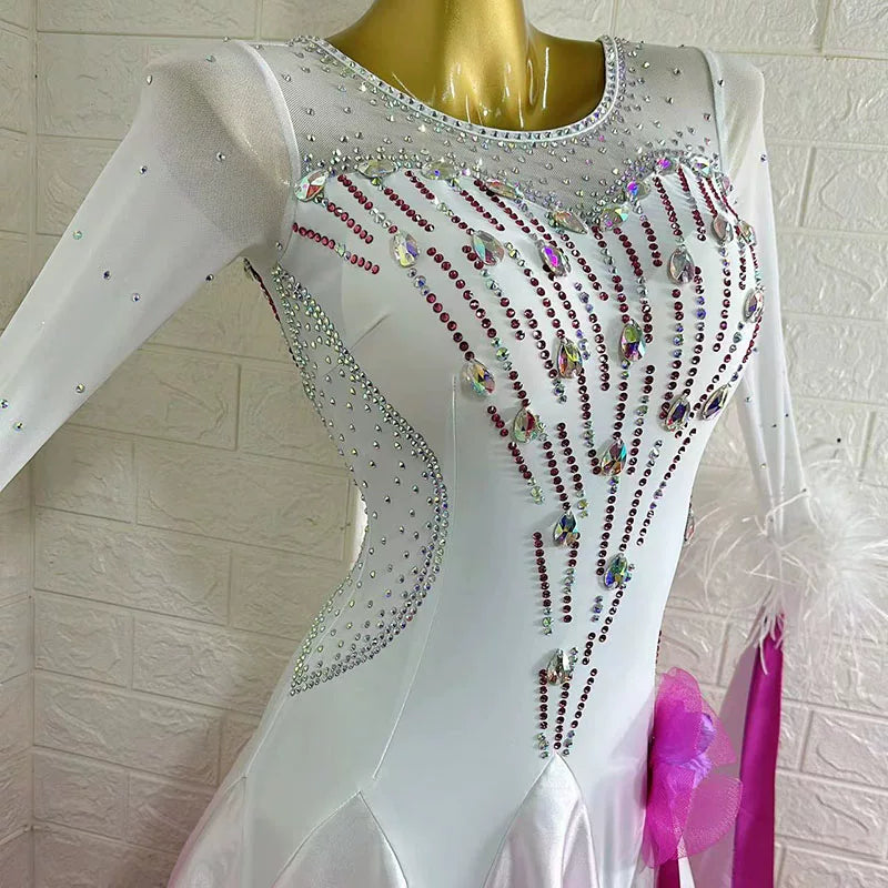 Customized Size Fuchsia White Gradient Ballroom Dance Dress for Women Smooth Foxtrot Rhythm Dancing Gown